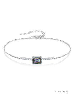 Sterling Silver Halo Rectangular Cut Birthstone Bracelet, 17cm Chain
